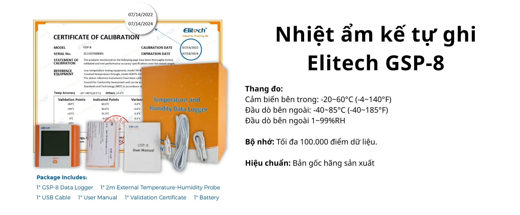 Giới thiệu máy nhiệt ẩm kế tự ghi Elitech GSP-8 (40~85°C, 1~99%RH, 100.000 điểm)