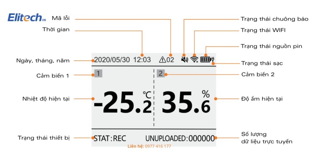 Giao diện màn hình máy nhiệt ẩm kế tự ghi Elitech RCW-800W-WI