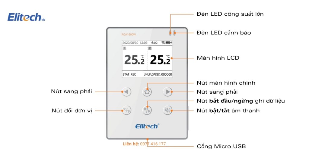 Giao diện mặt trước máy nhiệt ẩm kế tự ghi Elitech RCW-800W-WI