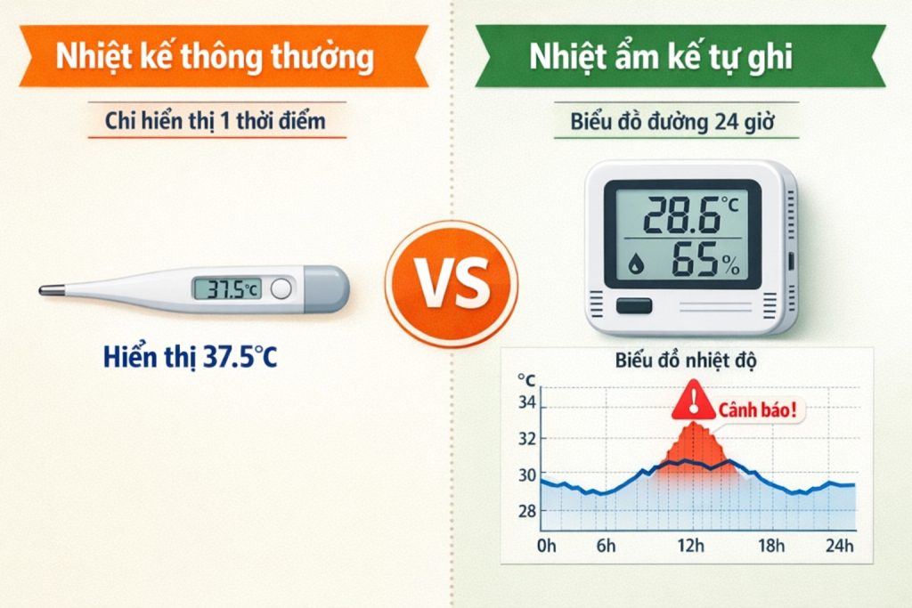 So sánh nhiệt kế thông thường và nhiệt ẩm kế tự ghi Elitech